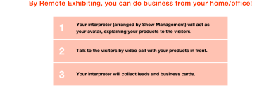 By Remote Exhibiting, you can do business from your home/office! (1) Your interpreter (arranged by Show Management) will act as your avatar, explaining your products to the visitors.  (2) Talk to the visitors by video call with your products in front. (3) Your interpreter will collect leads and business cards.